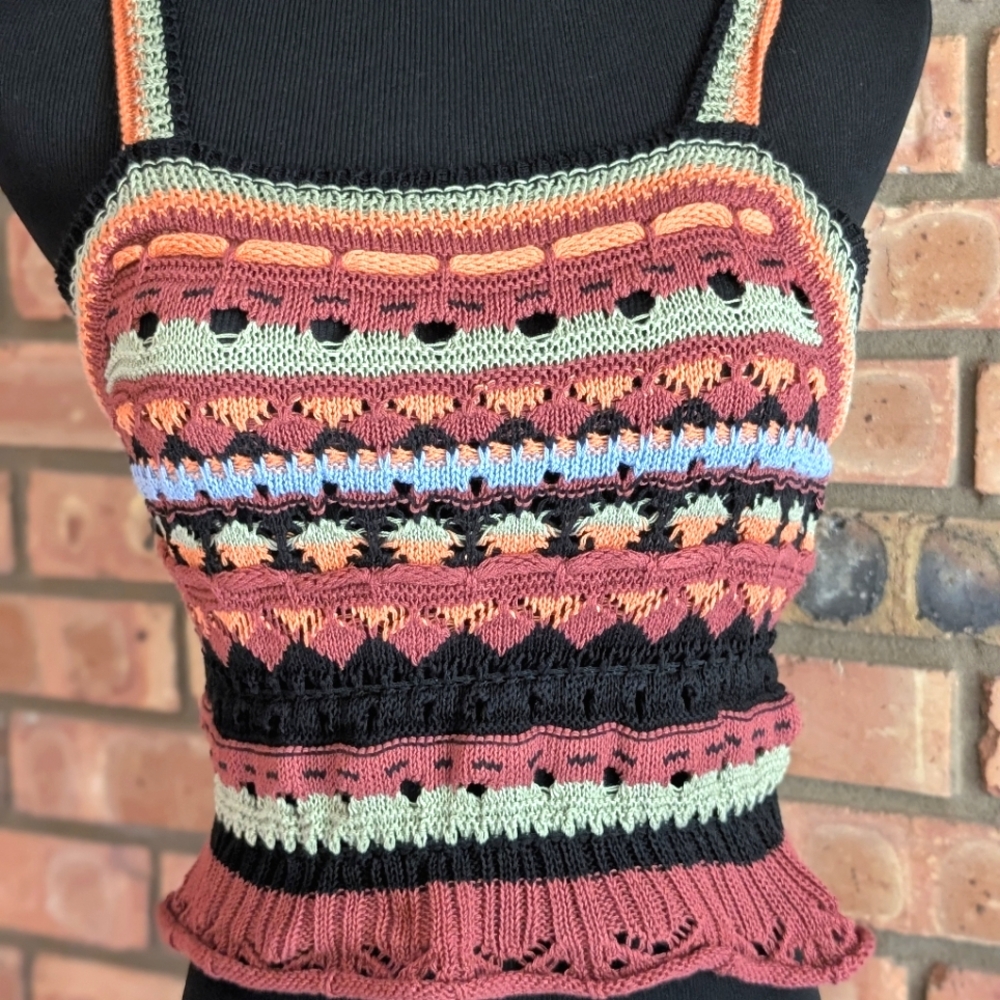 Cider Colorful Striped Crochet Knit Crop Tank Top, Size S